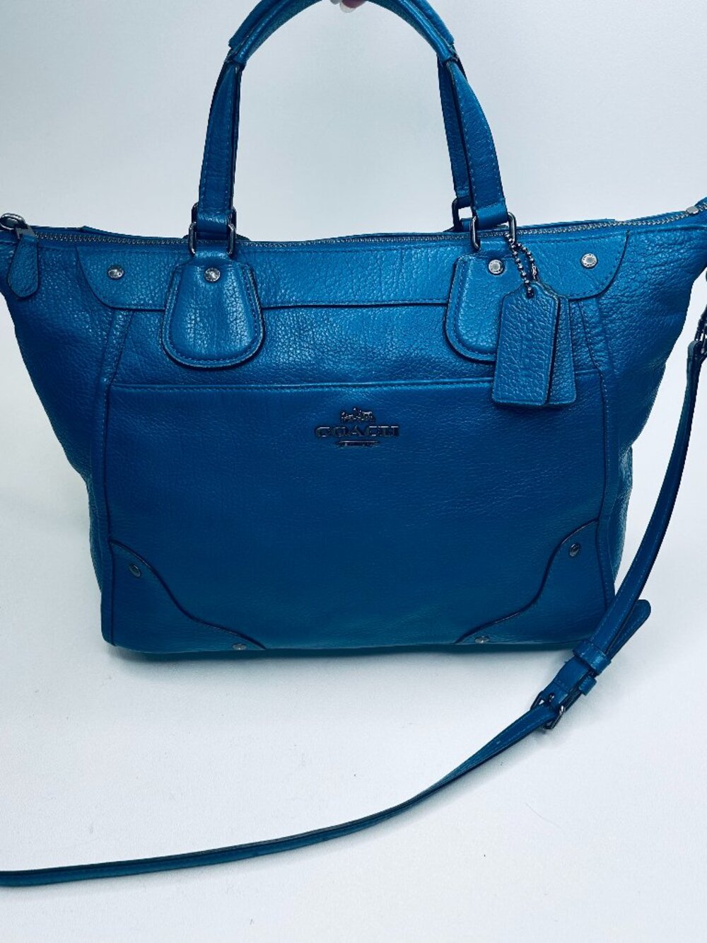 COACH Mickie Leather Grain 34040 Satchel Blue Denim $450 Studs Crossbody Satchel